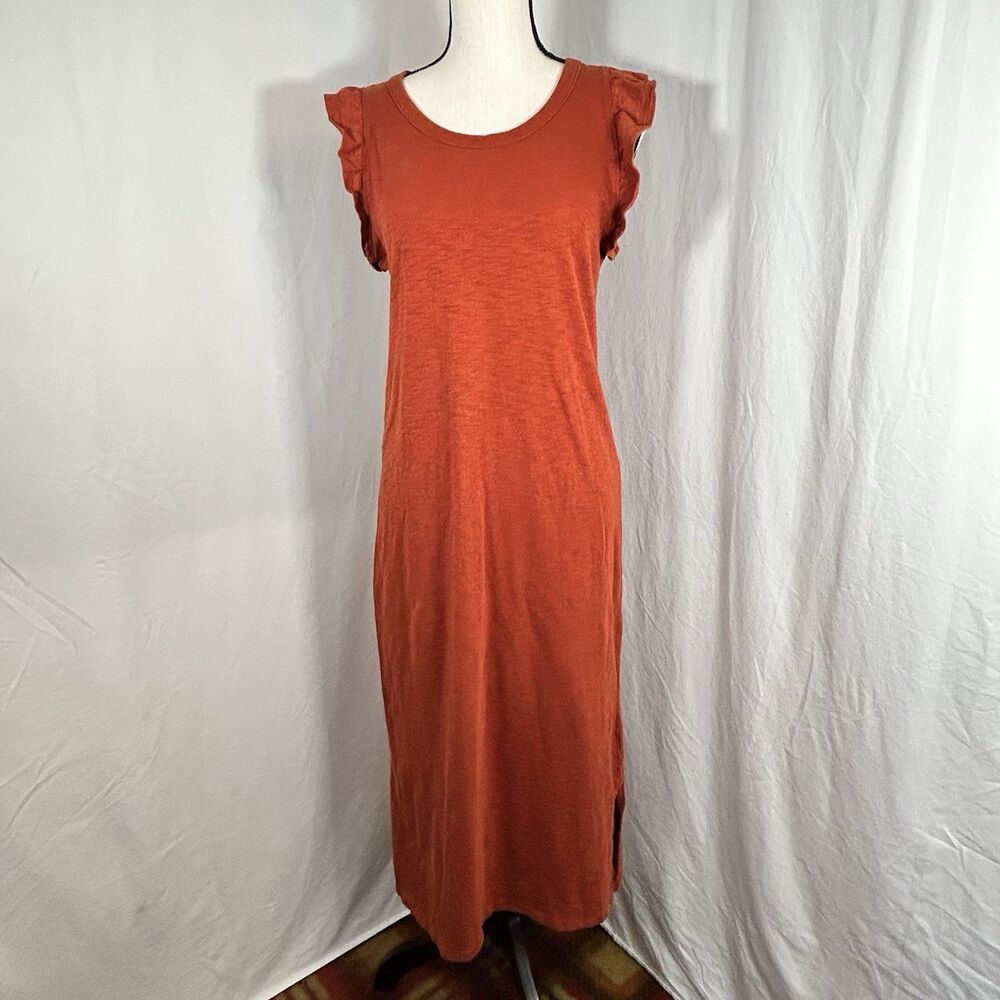 Red-Orange Rust Cotton Flutter Sleeve Side Slit Universal Thread Midi Dress S